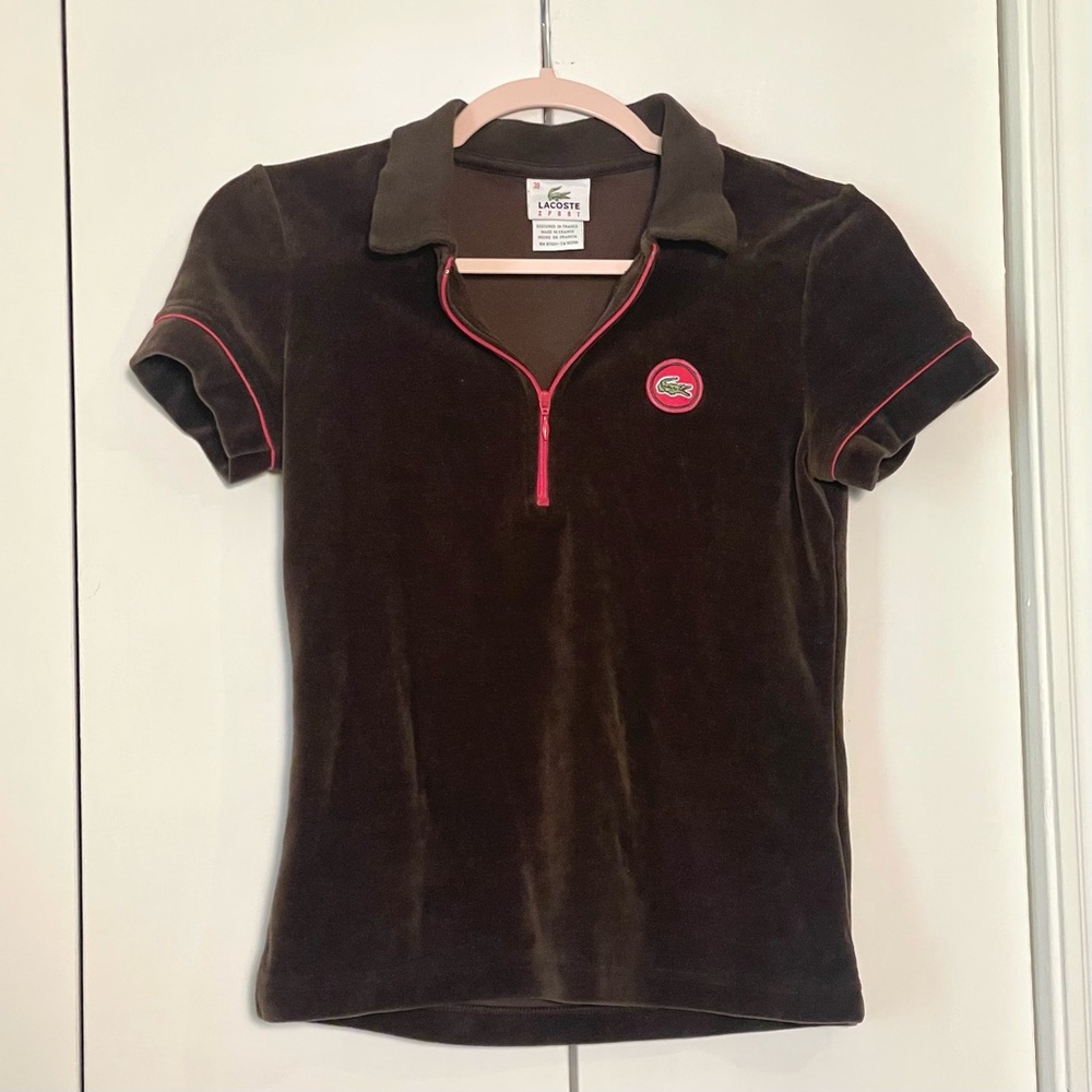 Lacoste Y2K 00s Women’s Velour Velvet Half 3/4 Zip Brown Polo Tennis Small Shirt